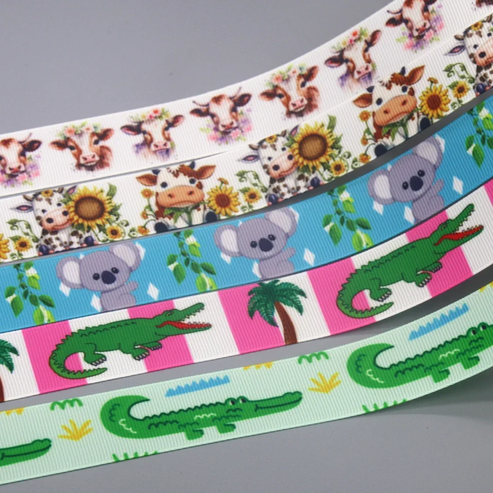 DHK 7/8'' 10yards Crocodile Sloth Cow Printed Grosgrain Ribbon Accessories Material Headwear Decoration DIY Sewing Craft B2261