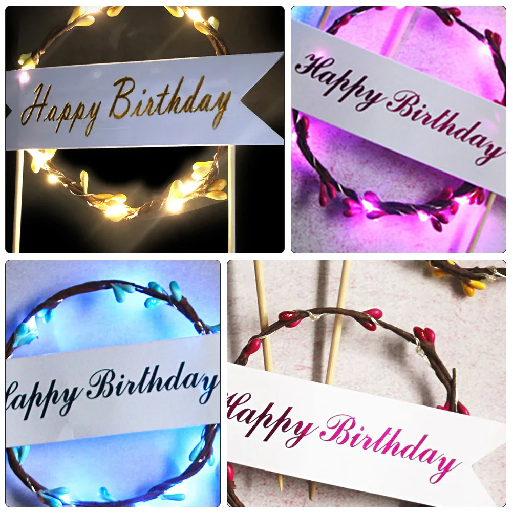 

1pc Birthday Cake Topper Led Rattan Garland Plug Flag Creative Cupcake Ornament Decoration Party Dessert Decor (Random Color)