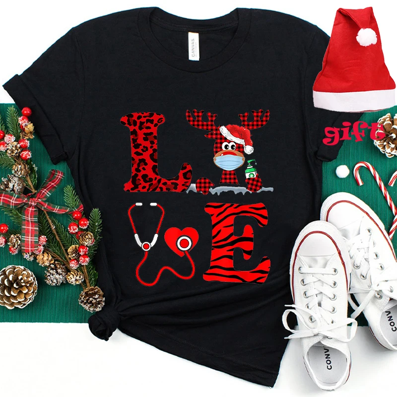 

Love Christmas Women's Y2k Clothing Harajuku Vintage Women Tops with Christmas Hats Party Streetwear Short Sleeve T-Shirts