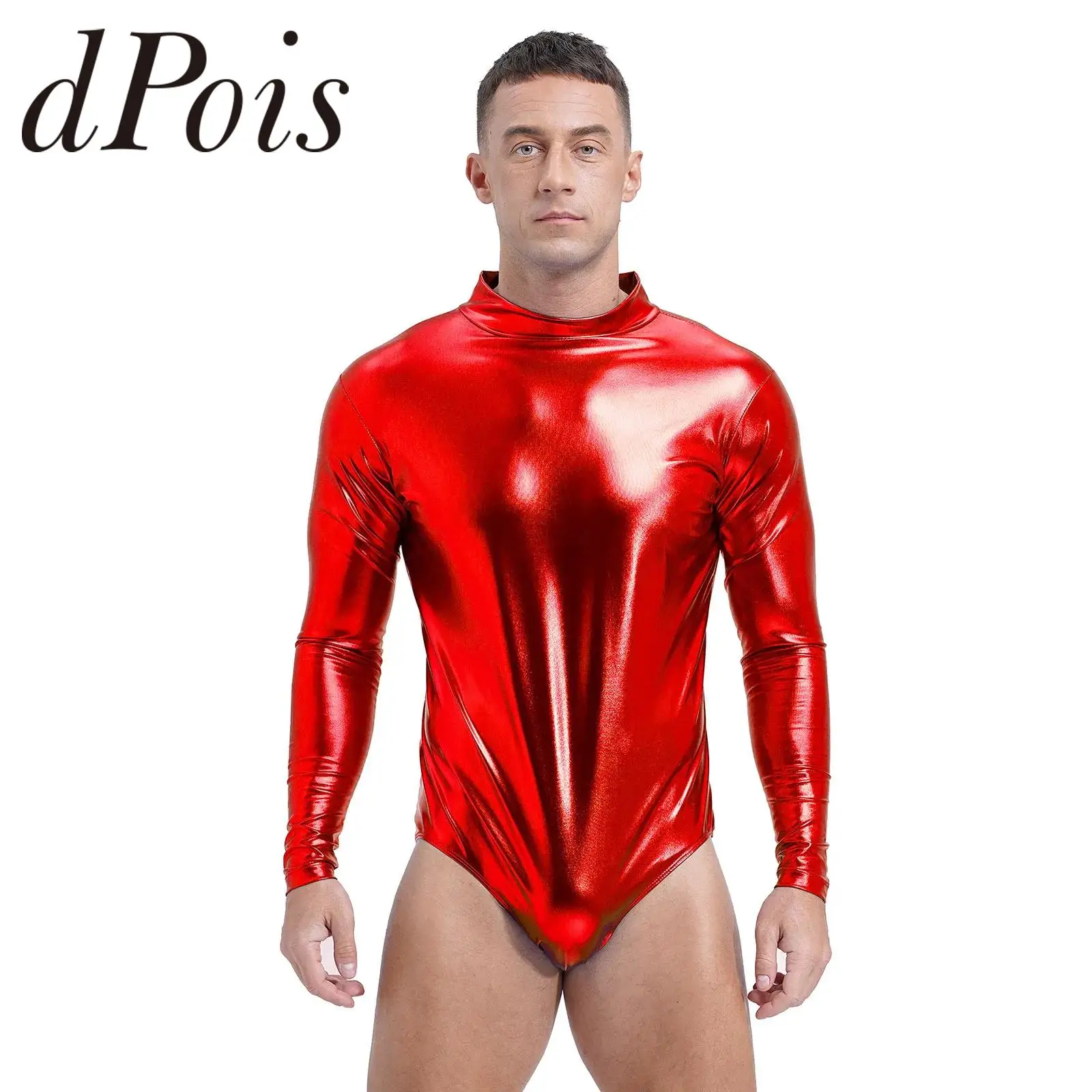 Mens Shiny Metallic Athletic Bodysuit Mock Neck Long Sleeve Gymnastics Leotard Yoga Jumpsuit for Man Dancing Ballet Dancewear