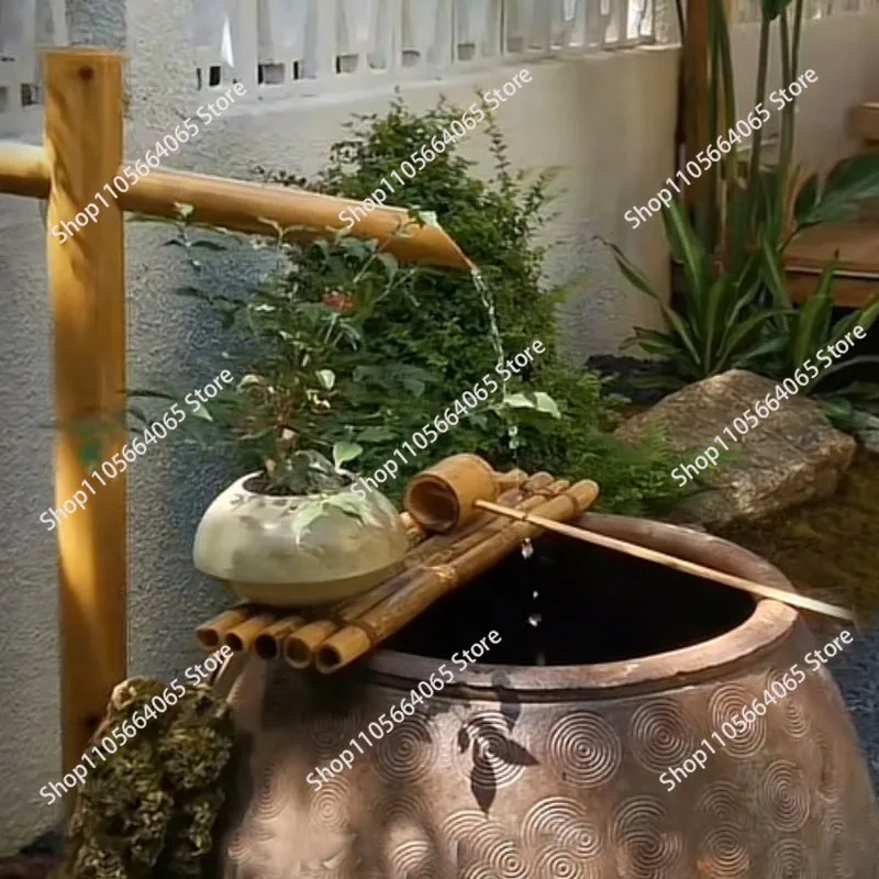 bamboo base, solar energy, Japanese craft courtyard, fish tank, balcony landscaping, circulating ornament artifact