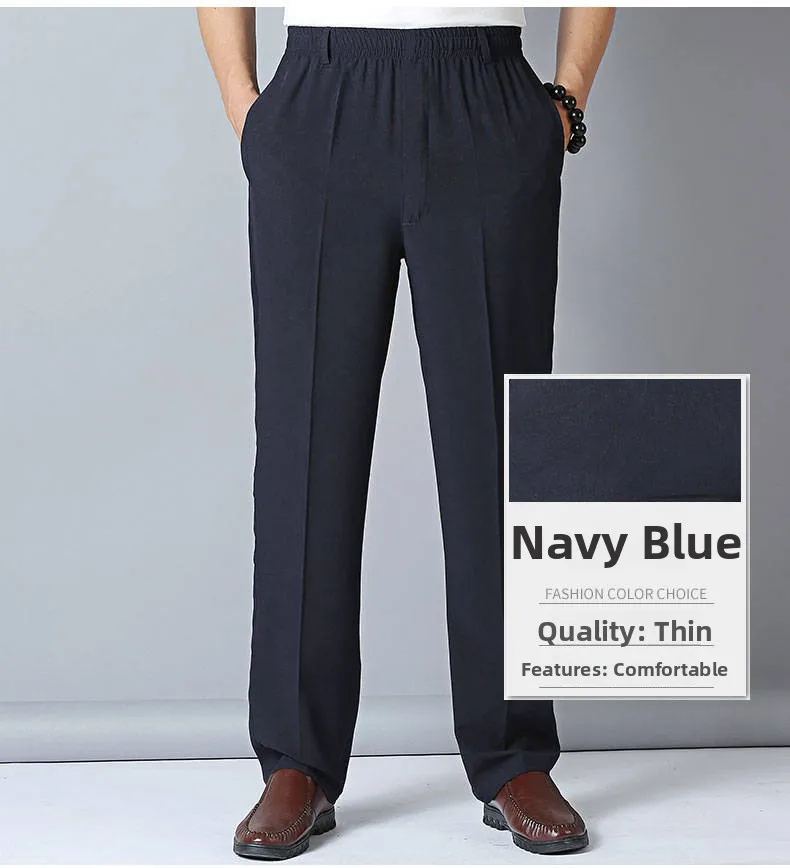 Ultra-Thin Summer Ice-Silk Men's Casual Pants Loose Straight Leg Qui-Dry Dad Sle Western Trousers Long Sports Long Trousers