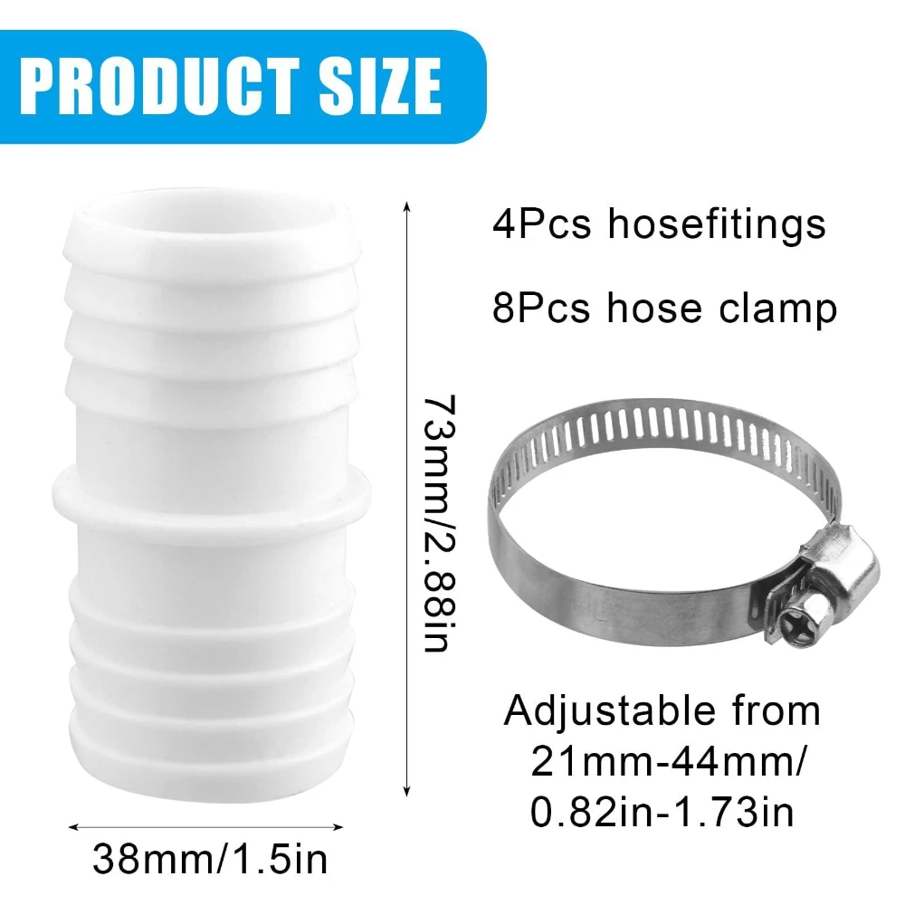 4pcs Hosefitings 8pcs Hose Clamps Combination 40mm Plastic Hose 21-44mm American Hose Clamp Suitable for Swimming Pool Hoses