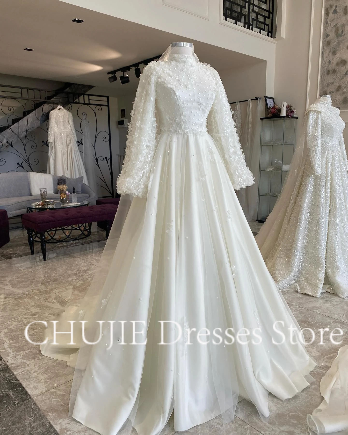 Customized Lace Applique Elegant Muslim Women Wedding Dress Long Sleeves Trailing A-Line Bridal Gown Tulle Robe 2025