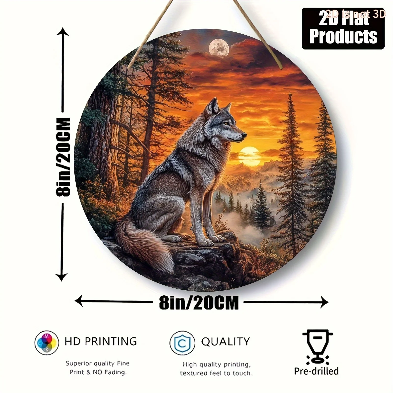 2D Flat, 2D Flat 8x8 Inch Round Wood Wall Art Featuring a Howling Wolf, Sunset Sky, and Pine Trees - Bohemian Nature Scene Decor