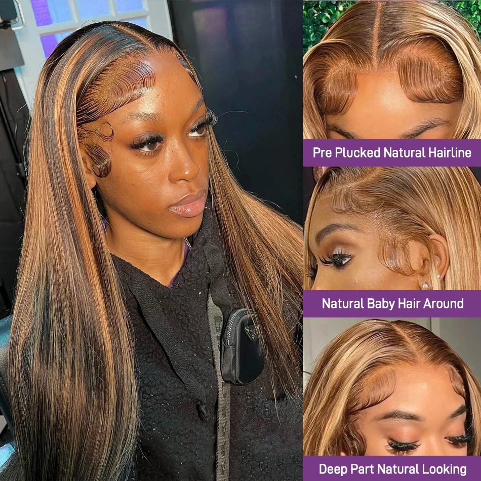 #4/27 13x4 Highlight Human Hair Lace Frontal Wigs 28 30 Inch Bone Straight Ombre Transparent Lace Frontal Wigs With Full Lace