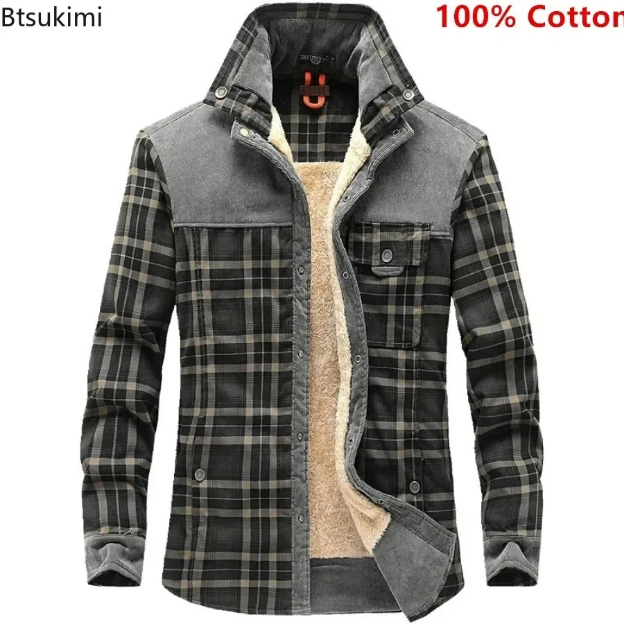 2024 Men\'s Winter Warm Shirts Coats 100% Cotton Plaid Thickened Fleece Jacket Fashion Windproof Stand Collar Shirt Jacket Men