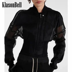 8.27 KlasonBell Women Clothes Black Organza Sheer Sun Zipper Short Jacket Ribbed Spliced Stand Collar Long Sleeve Thin Coat