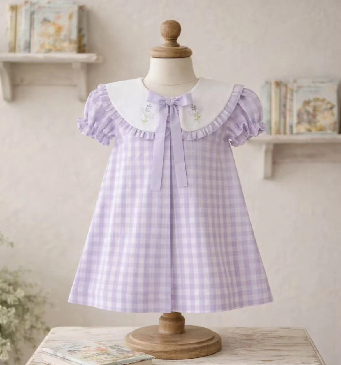 Baby Girl Summer Purple Plaid Dress Floral Embroidery for Casual Birthday Party Photography B704