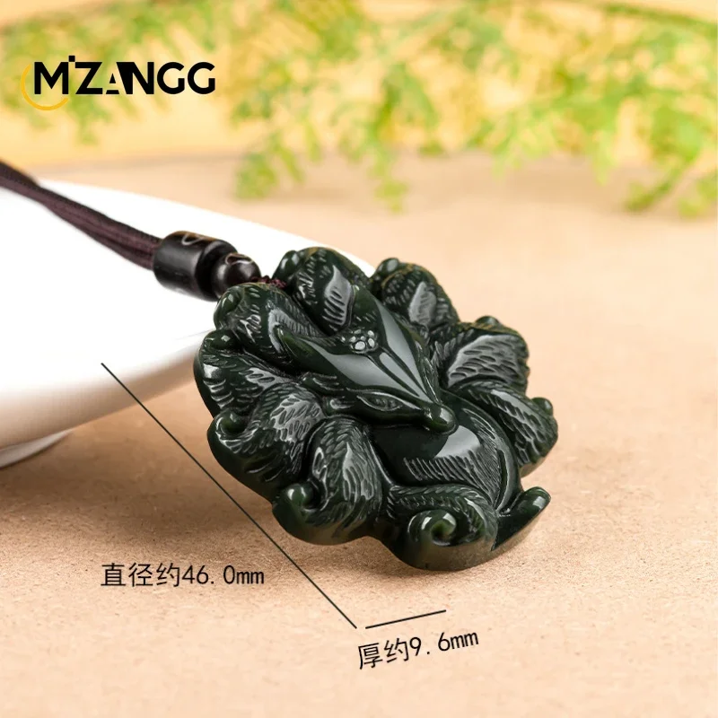 Naturalny Hetian Jade atrament Jade dziewięcioogoniasty wisiorek z lisem ręcznie rzeźbione wysokiej jakości biżuteria męska i damska Amulet na szczęście — zdjęcie 6
