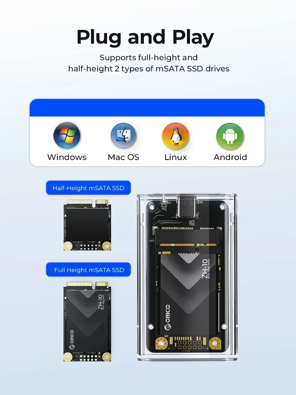 ORICO Mini MSATA SSD Case Type-C External Transparent SSD Enclosure Adapter 5Gbps for MSATA Hard Drive Enclosure for PC SSD Case