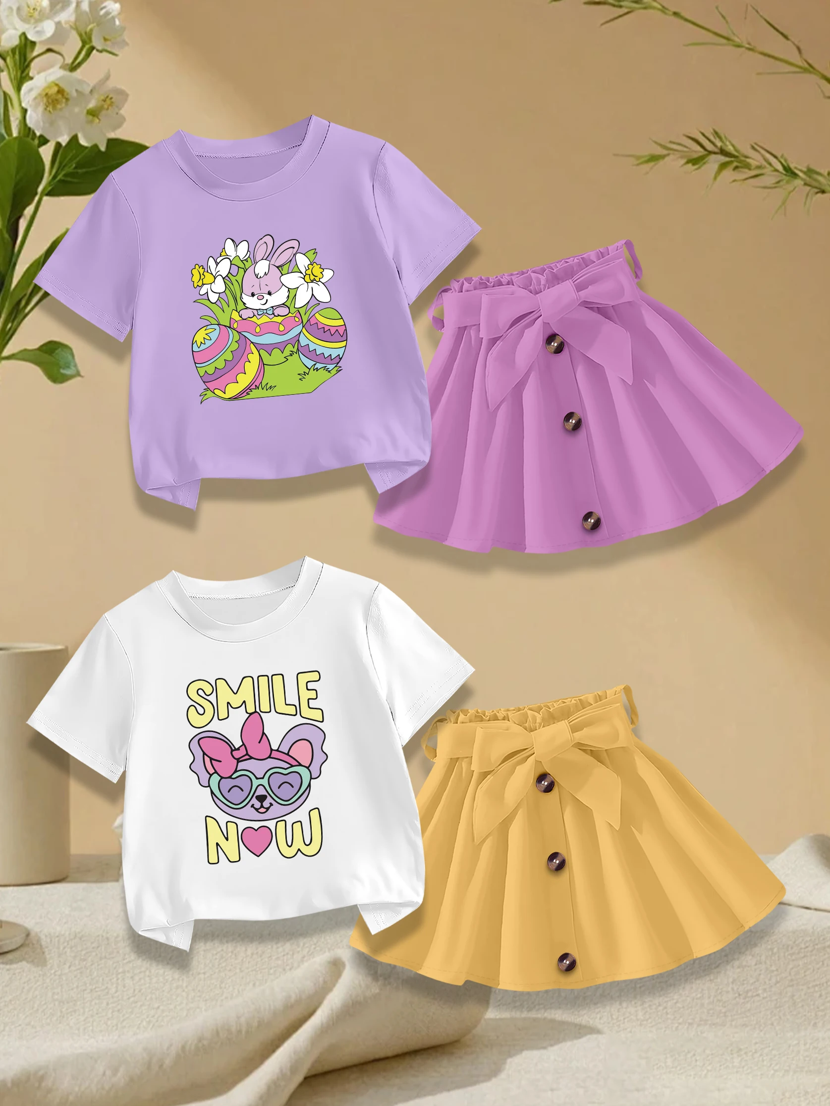 4 pieces: Easter Day Girls' Summer Sweet Cute T-shirt & Skirt Set - Cartoon Rabbit & Koala Print