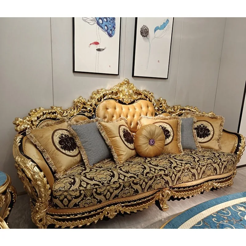 French court sofa, solid wood carving frame sticker, villa living room luxury guest luxury fabric sofa