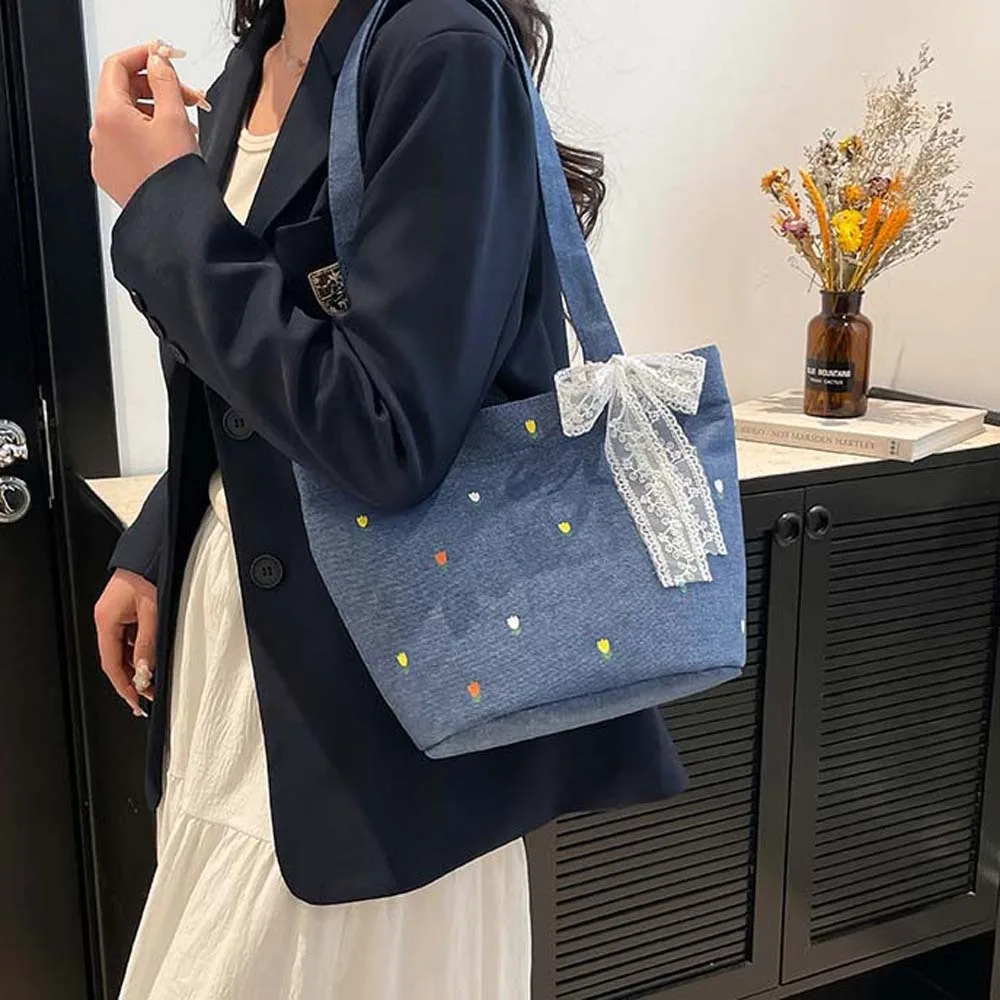 

Retro Denim Bucket Bag Lace Ribbon Underarm Pouch Women Bucket Handbag Large Capacity Polyester Embroidery Shoulder Bag School
