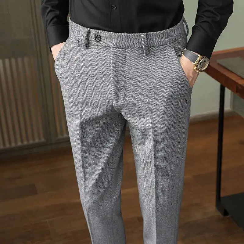 

Новые осенние серые шерстяные брюки, модные повседневные шлифованные брюки, азиатский размер 28-36, тонкий костюм, брюки для мужчин