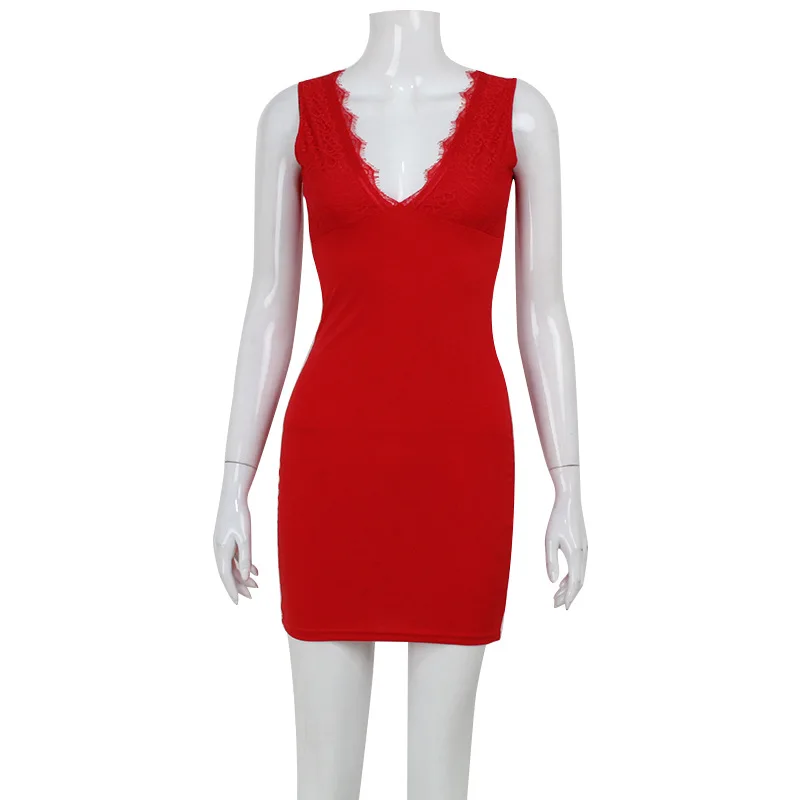 Vestido corto ajustado a la moda para mujer, vestido Sexy con costuras de encaje y cuello en V, sin mangas, ajustado, novedad de verano 2025, rojo