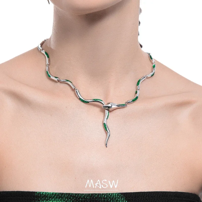 

MASW High Quality Metal Snake Necklace 2024 New Trend Cool Thick Silver Plated Green Choker Necklace For Women Jewelry Gifts