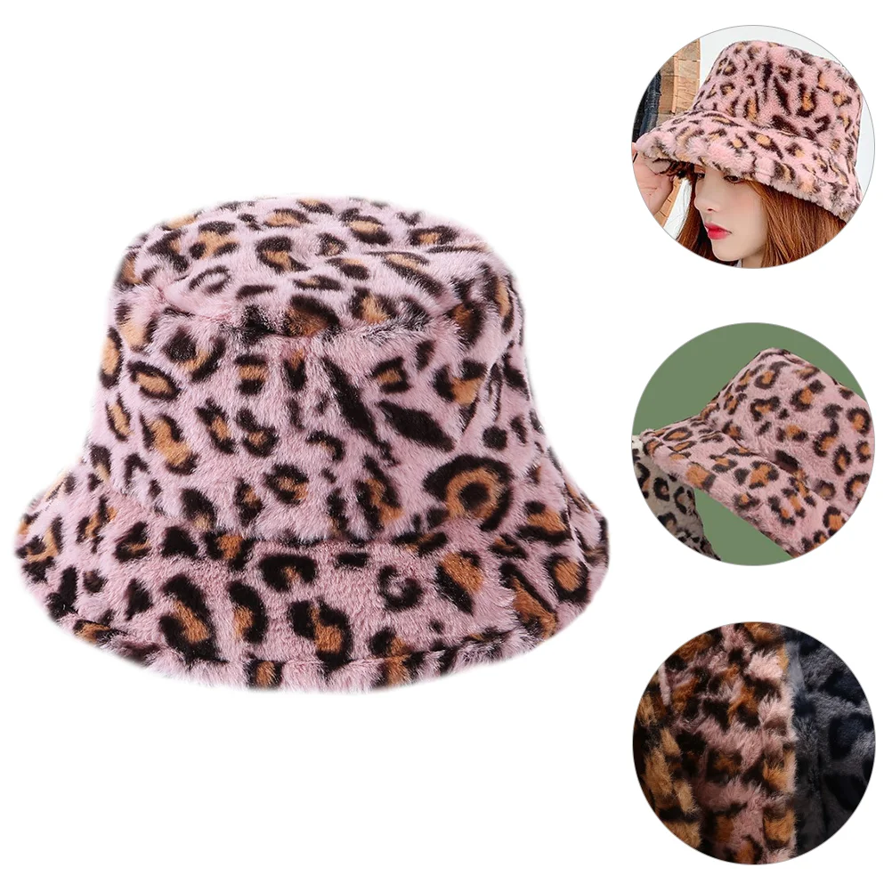 

Animals Leopard Bucket Hat Fur Fisherman Fisherman's Fashion Pink Plush Cap Miss