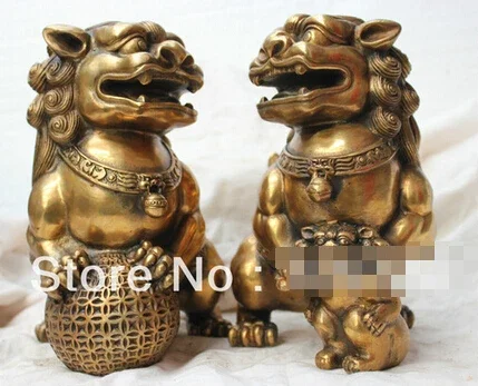 100% China folk Culture Brass bronze statue Foo Dog Lion Auspicious Statue pair