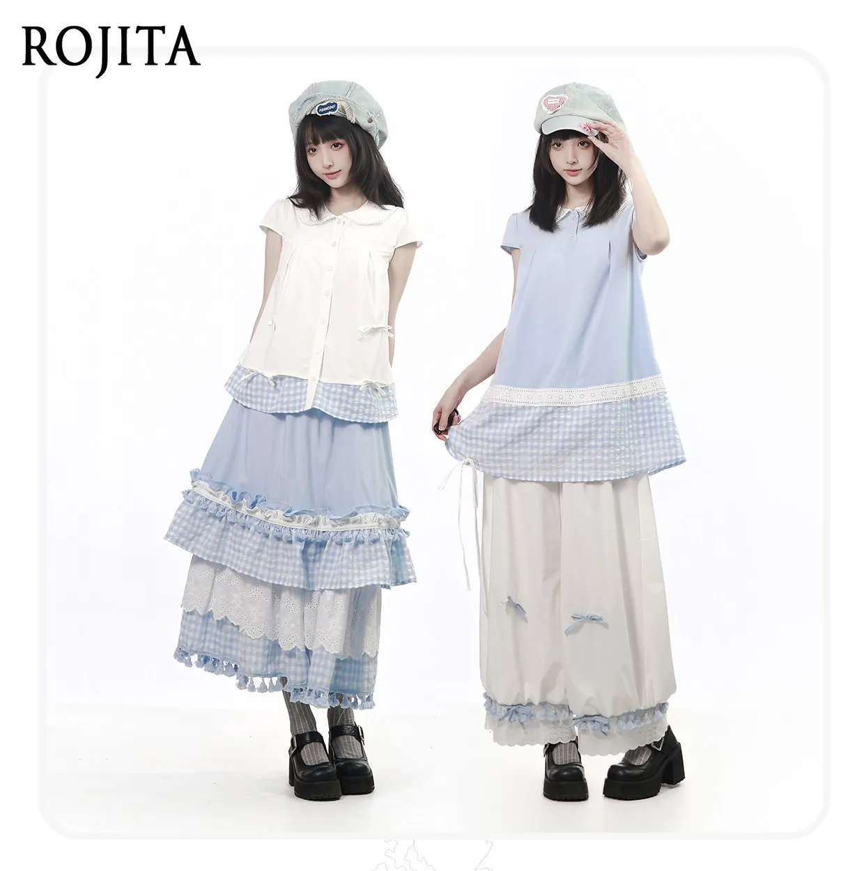 Sweet Doll Collar Plaid Patchwork Shirt Tassel Long Skirt Summer Set Wide Leg Bloomers Sold Separately