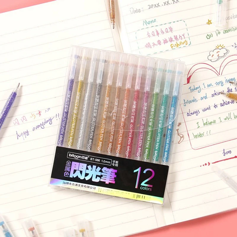 12pcs/set Metallic Glitter Pen Drawing Colored Metal Pastel Highlighter Art Marker School Office Writing Stationery 1.0MM