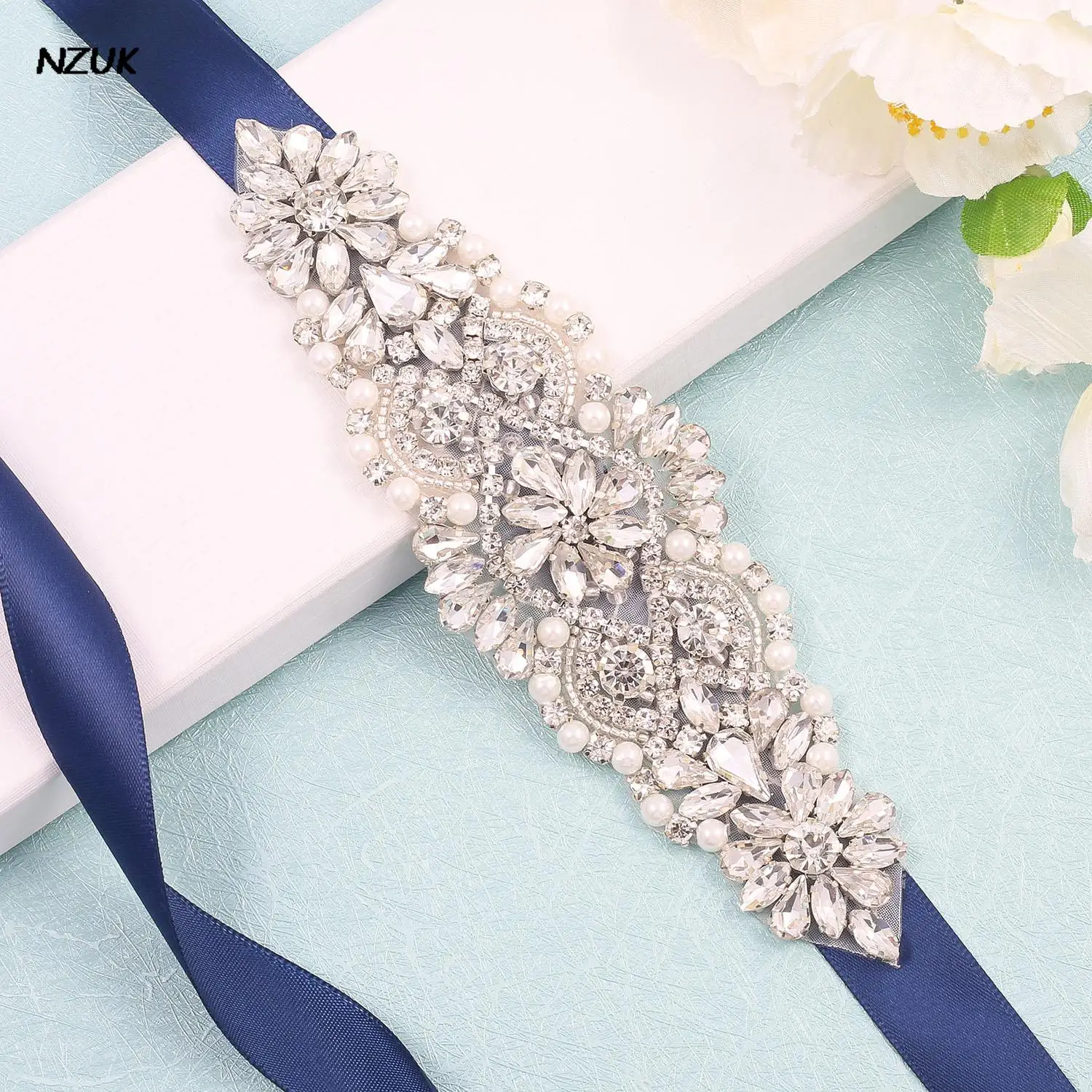 Nzuk Bruids Jurk Riem Met Zilveren Kristallen Rhinestone Applique Sash Riemen Voor Bruidsmeisje Riem Navy Wedding Diamond Riem