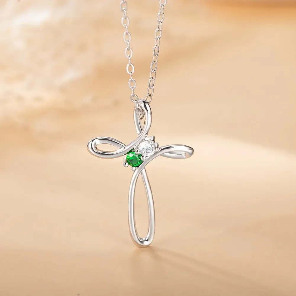 Custom Cross Necklace Multi Color Gemstone Inlay Personalized Pendant Dainty Chain Religious Jewelry Gift for Women Baptism Gift