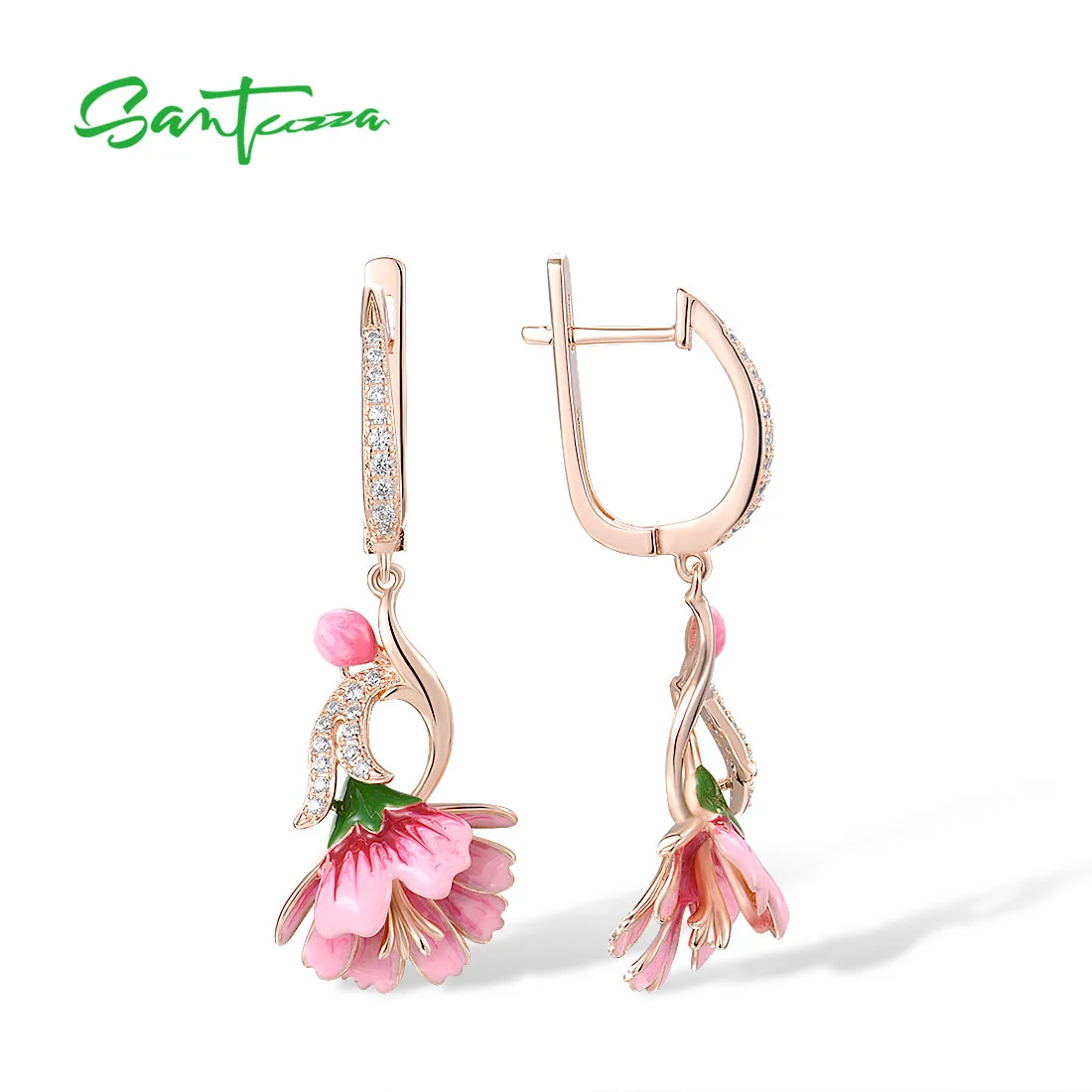 SANTUZZA Pure 925 Sterling Silver Dangling Earrings For Women White Cubic Zirconia Pink Enamel Flower Fine Charming Jewelry