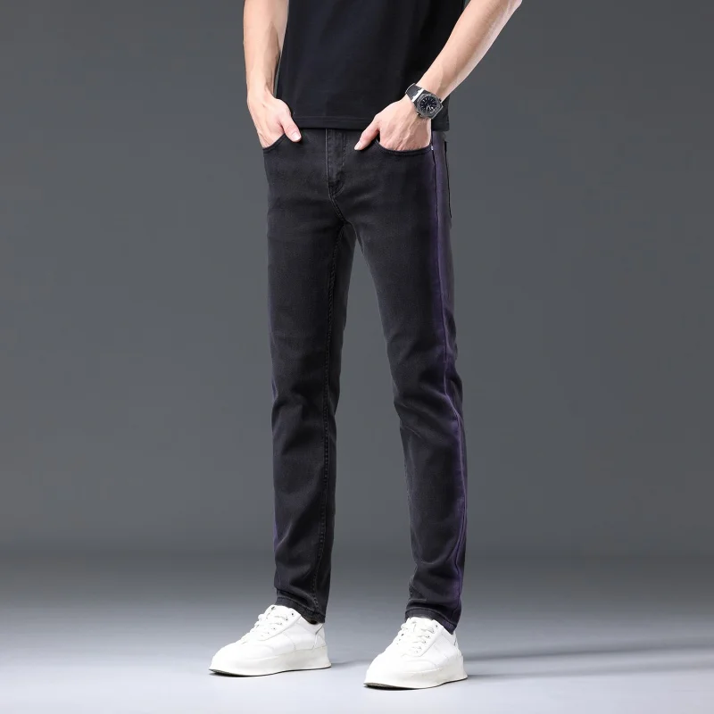 2024 Spring and Summer New Black Jeans Men's Stretch Slim-Fit Trendy Casual Personalized Side Line Design High-End Pants