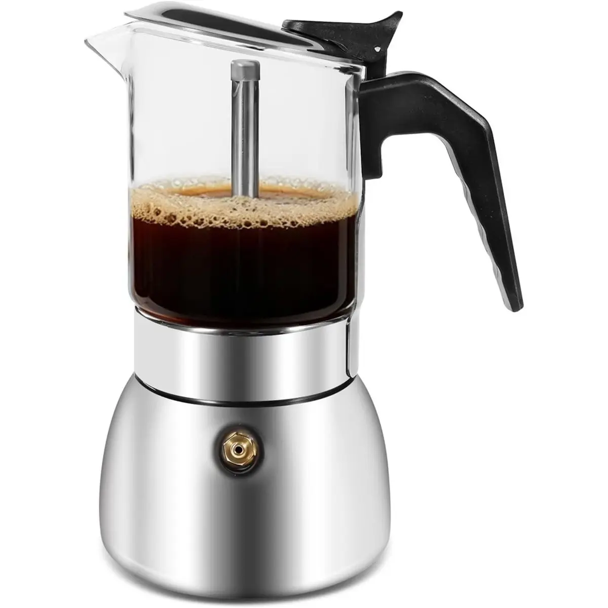 Moka Pot Stovetop Espresso Maker, 300ml Glass-Top Stainless Steel Brewer Borosilicate Glass Top,for Rich Italian Coffee