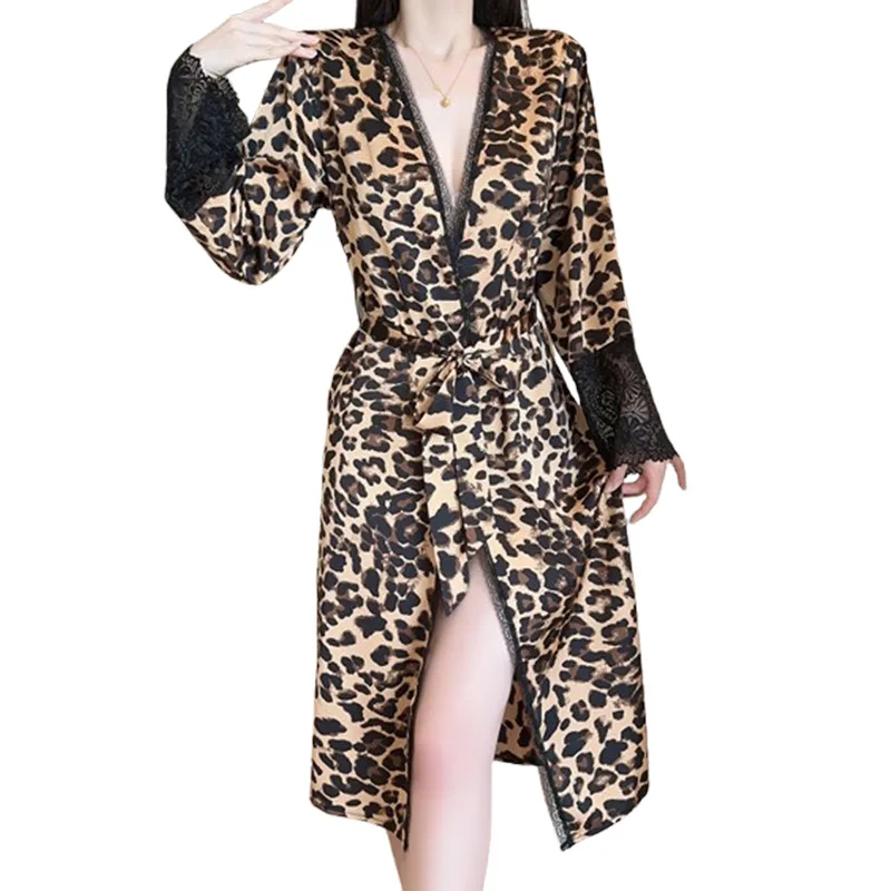 

Sexy Pure Silky Satin Underwear Hot Lazy Leopard Print Robe Homewear Set Bath Robe Satin Dress Women Nightgown Nightclothes