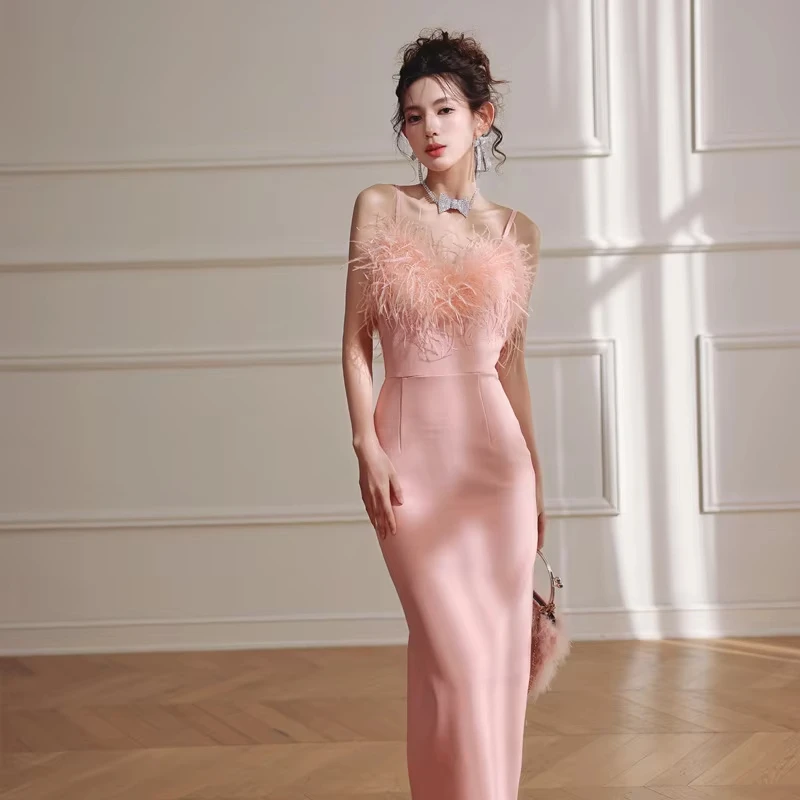 

Gorgeous Pink Spaghetti Strap Evening Dress Feather Off Shoulder Slim Fit Long Dress Formal Banquet Cocktail Prty Gown