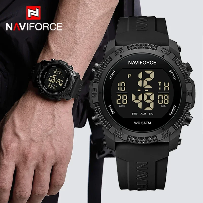 NAVIFORCE Fashion Popular LCD Digital Men Watch Date Week Alarm Waterproof Clock Silicone Strap Fashion Casual Electronic Watch