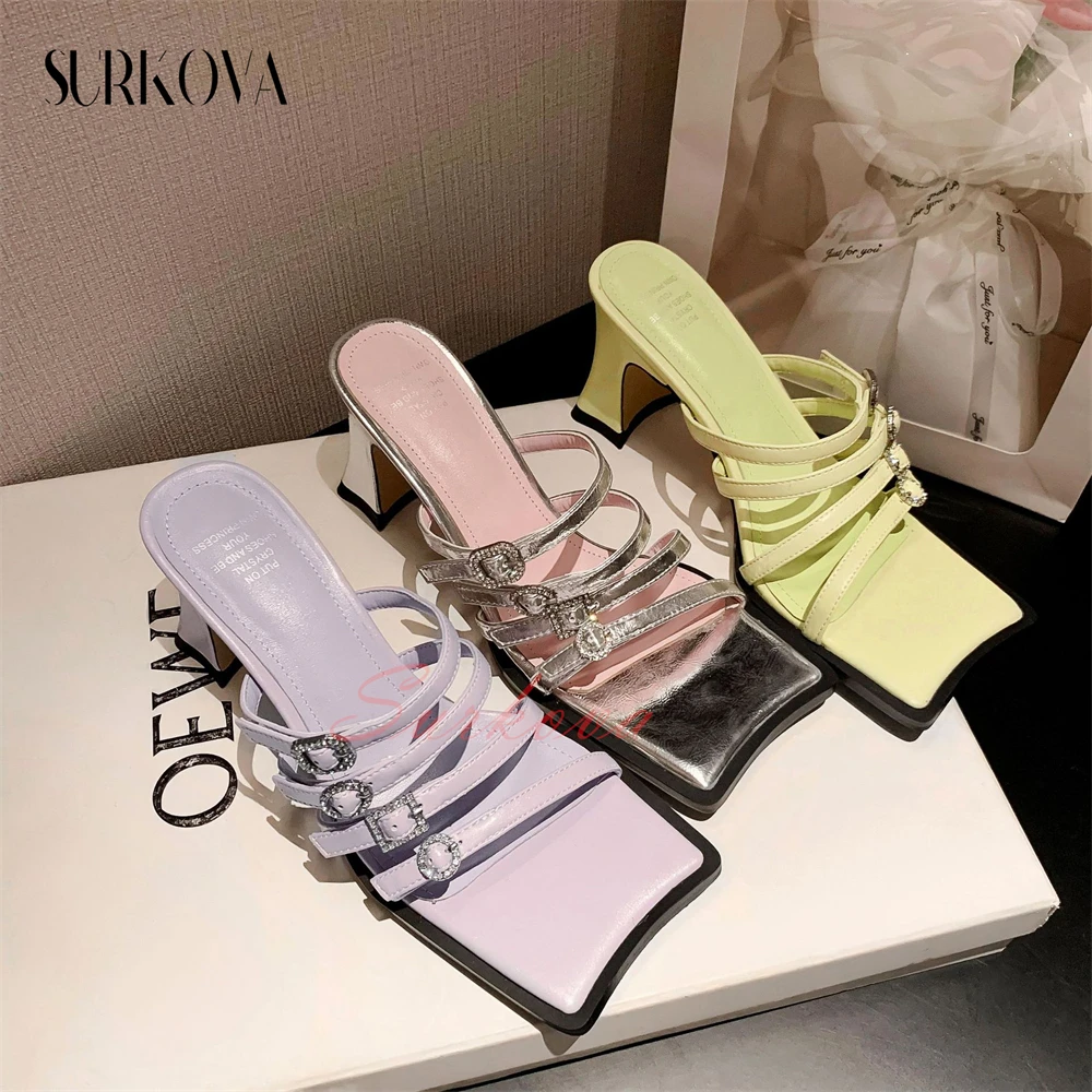 Narrow Belt Combination Hollow Crystal Buckle Sandals Square Open Toe Block Heel Sandals Slippers Summer New Arrival High Heels