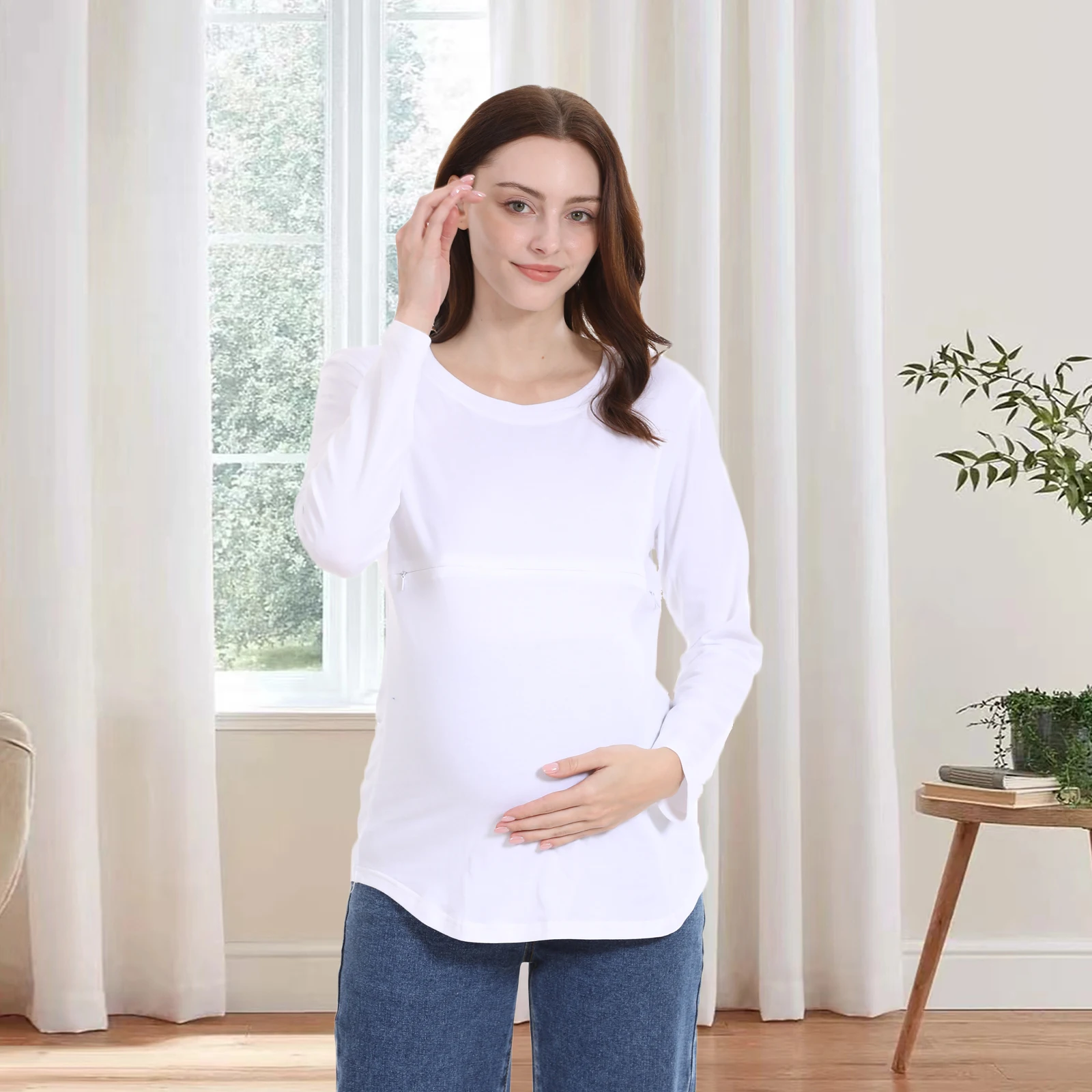 Ropa de maternidad, camiseta de manga larga para amamantar, camiseta de lactancia con cremallera Horizontal, Top de lactancia de algodón de talla grande para primavera y otoño