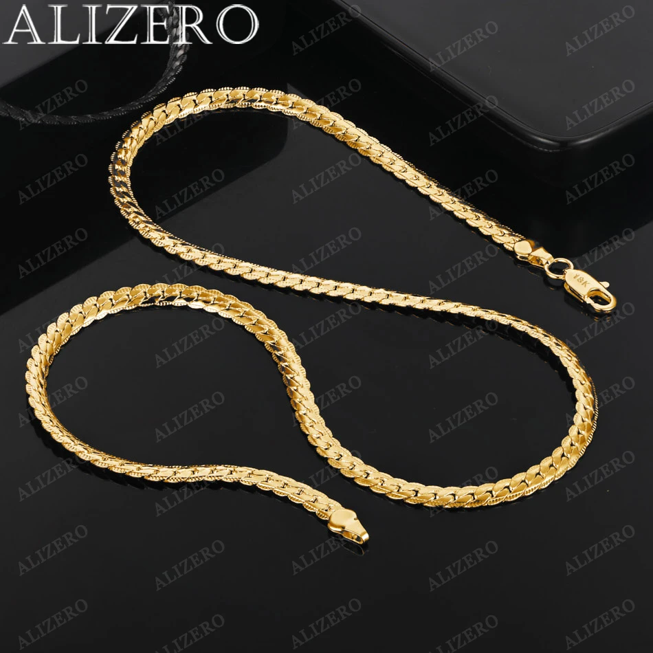 

ALIZERO 18K Gold 6mm Flat Side Chain Necklaces 16/18/20/22/24 Inches Man Women Fine Jewelry Wholesale Personality Trend Necklace