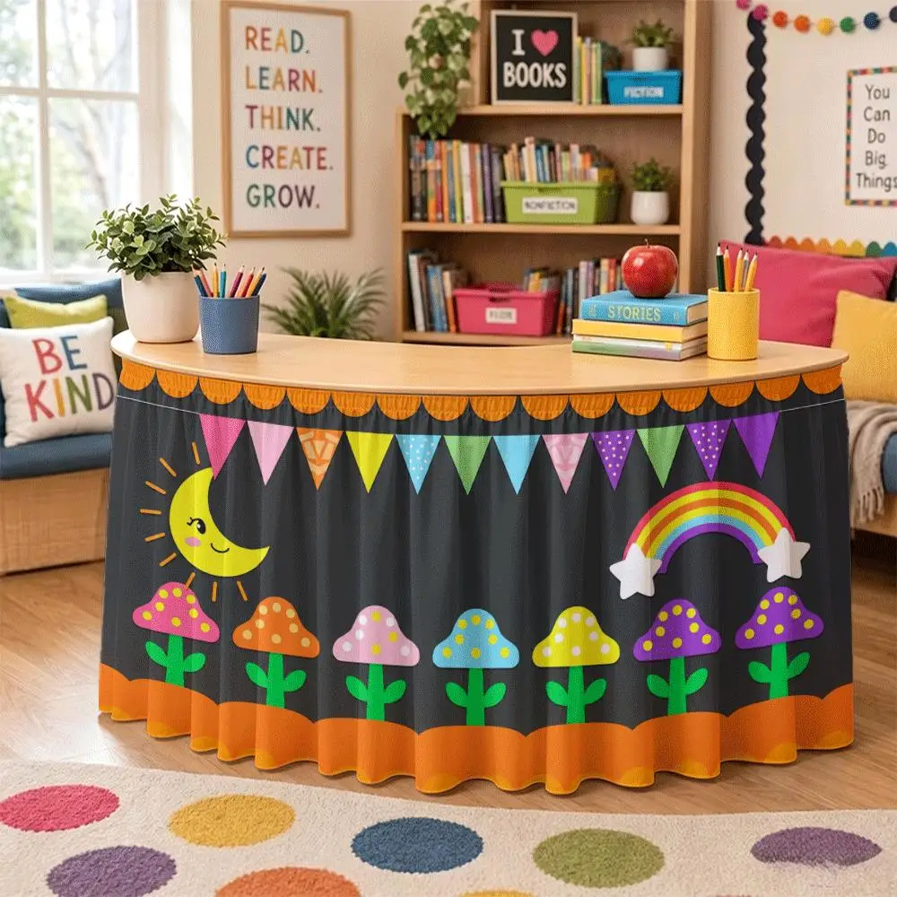 Table skirt, colorful mushroom rainbow print, curved design