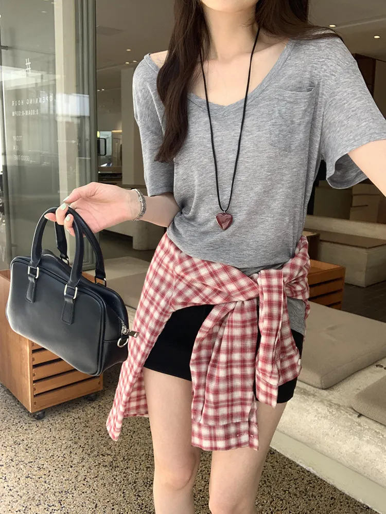 Lace-Up Loose Short-Sleeve Women's T-Shirt Summer New Style Korean Version Silk Cotton Blend V-Neck Regular Fit White Top