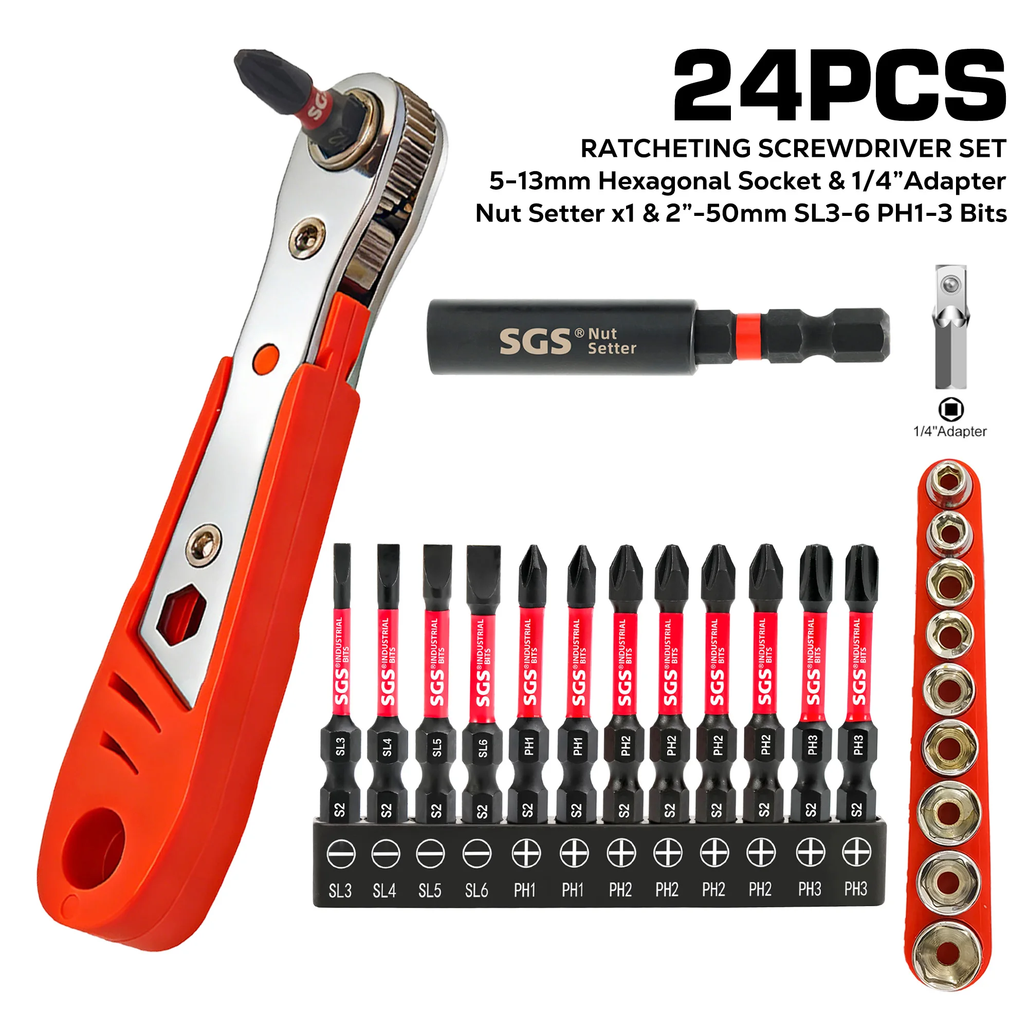 

Набор из 24 насадок для отверток из стали S2, включая плоские и крестовые насадки 50 мм + многофункциональный адаптер-удлинитель 5-13 мм + набор торцевых ключей с трещоткой + удлинитель 60 мм