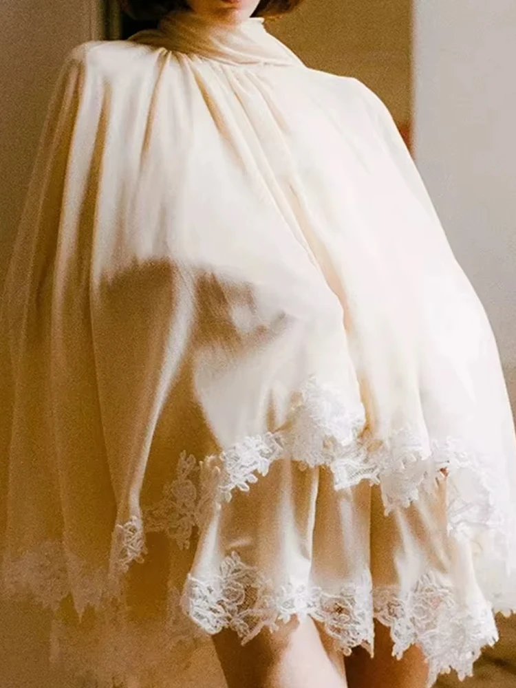 Elegante Conjunto de Dos Piezas de Gasa con Encaje, Top de Cuello Alto y Minifalda, Conjunto Casual de Manga Larga para Mujer, Estilo Holgado para Fiesta