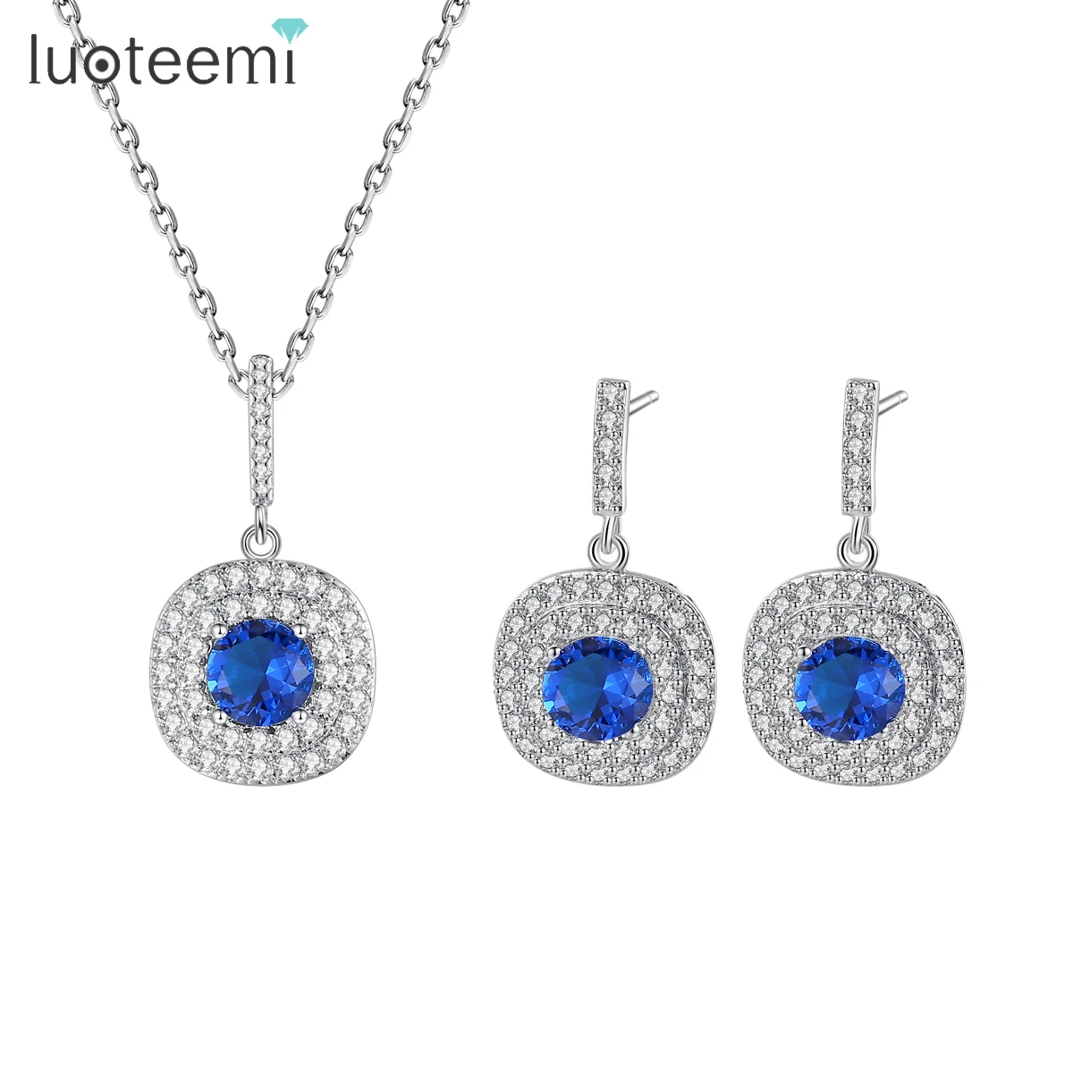 LUOTEEMI Rainbow Cubic Zirconia Square Waterdrop Earring Necklace Jewelry Sets for Women Wedding Bridal Korean Fashion Gifts