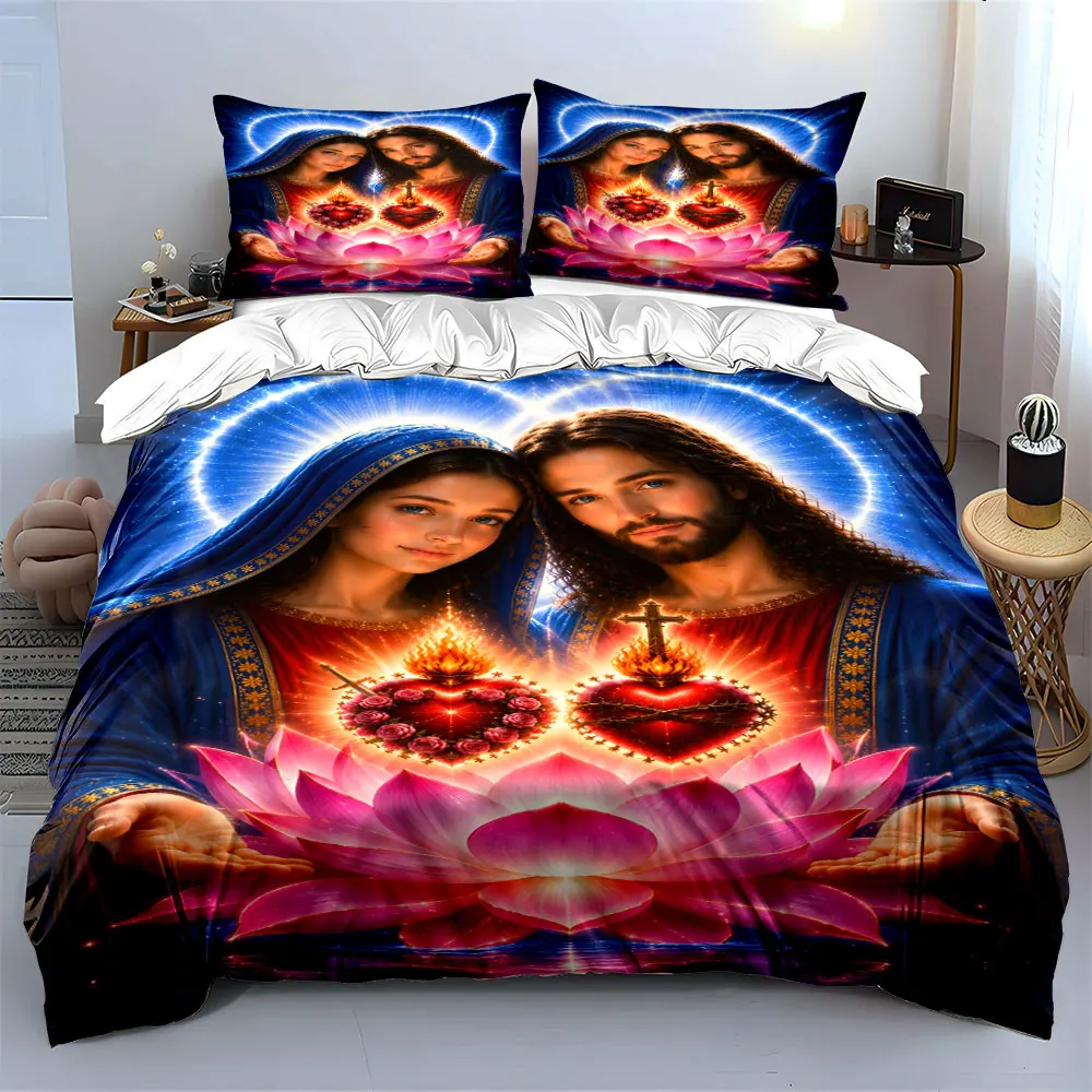 Sacred Hearts and Radiant Lotus Print Bedding Set 1 Duvet Cover 2 Pillowcases for Adult and Children Luxury Gift Full Size