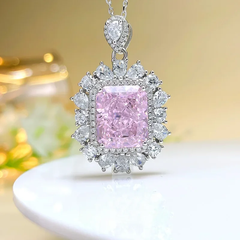 Fashion Sakura Pink Diamond Necklace High Carbon Diamond Explosion Flash S925 Silver Wedding Simple Jewelry Wholesale