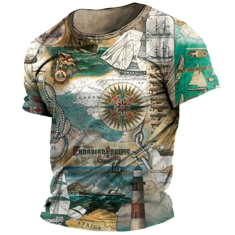 Vintage Compass T-Shirt For Men 3d Navigation Printed T Shirts Street Hip Hop Tops Oversized Short Sleeve Tees Shirt Men Clothes