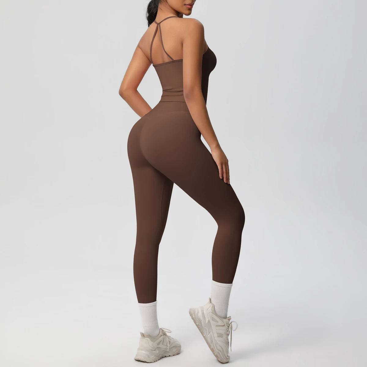 Hochelastisches, sexy, rückenfreies Yoga-Oberteil und -Hose, stoßdämpfendes Lauf-Yoga-Tanktop, einfarbige, schnell trocknende Yoga-Leggings – Detail 7
