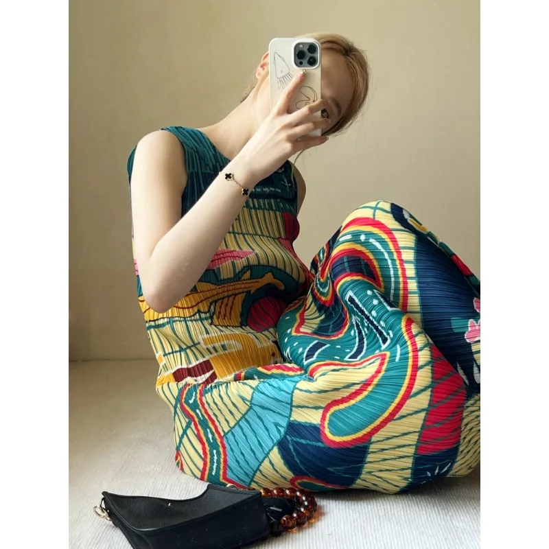 Miyake Folded Tropical Jungle Printed Ethnic Style Sleeveless Straight Tank Top Dress