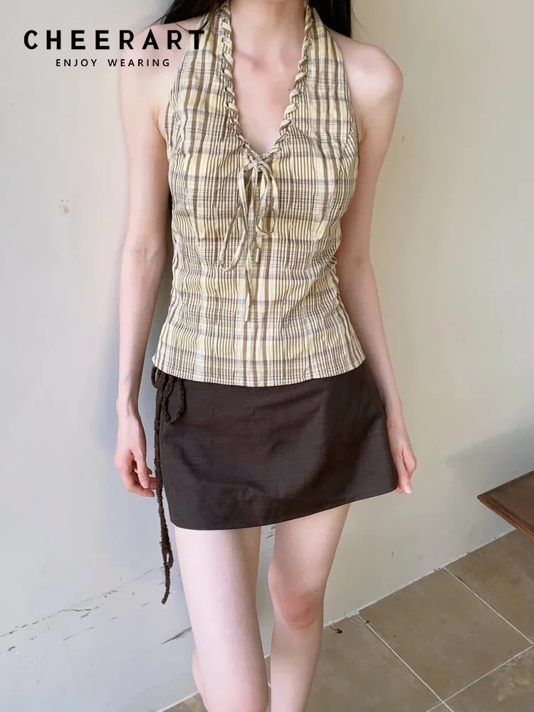 

CHEERART клетчатый желтый топ с открытой спиной и лямкой на шее для женщин, отпуск, бандажный летний топ без рукавов с v-образным вырезом, дизайнерская модная одежда