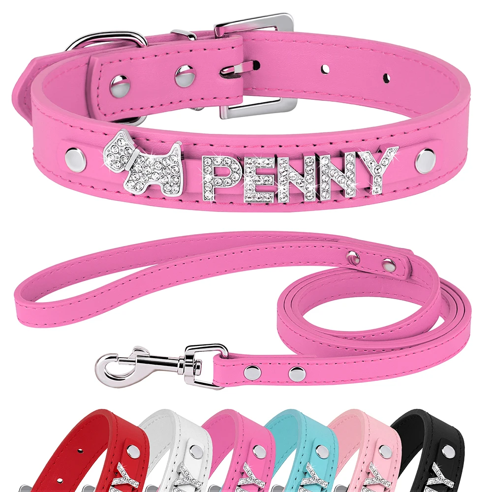 Collar de cuero personalizado para perro y cachorro, Correa con diamantes de imitación ostentosos, dijes de nombre gratis, Collar personalizado para