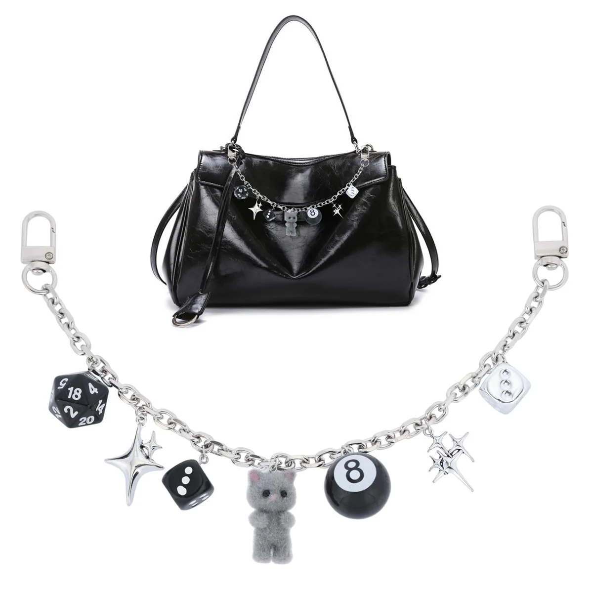 HOLINFASHION New Black Irregular Dice Billiard 8-Ball Bag Charm Versatile Star Decoration Bag Chain Classical Keychain