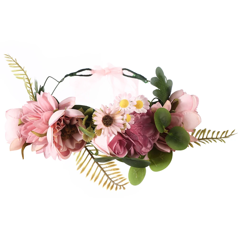 AWAYTR Camellia Flowers Wreath Crown Festival Green Leaf Headband Girl Floral Garland Wedding Floral Women Hair Accessories